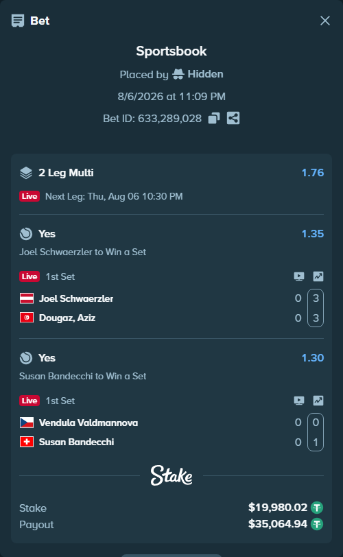 Bet slip: Joel Schwaerzler - Dougaz, Aziz, $20,000.00 stake at 1.35 odds, placed by Hidden