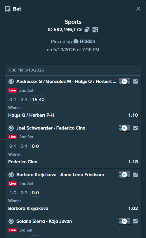 Bet slip: Joel Schwaerzler - Federico Cina, $10,000.00 stake at 1.18 odds, placed by Hidden