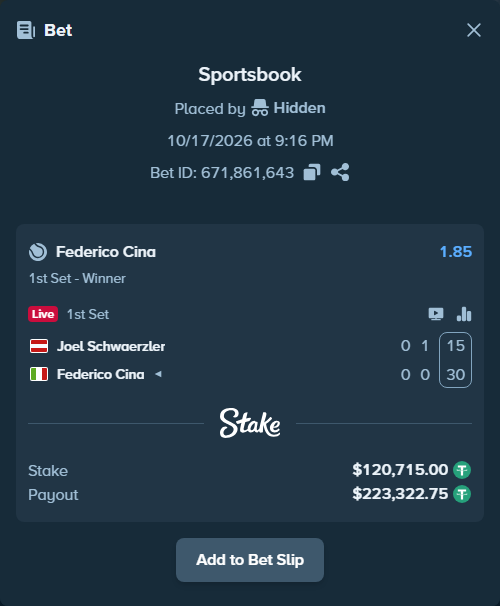 Bet slip: Joel Schwaerzler - Federico Cina, $120,835.71 stake at 1.85 odds, placed by Hidden