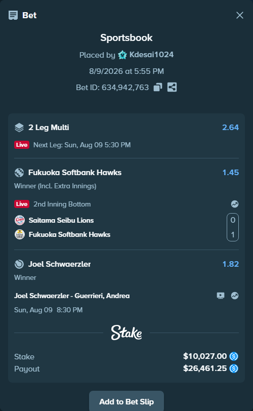 Bet slip: Joel Schwaerzler - Guerrieri, Andrea, $10,027.00 stake at 1.82 odds, placed by Kdesai1024