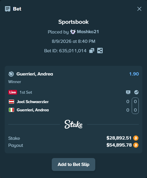 Bet slip: Joel Schwaerzler - Guerrieri, Andrea, $29,000.61 stake at 1.90 odds, placed by Mashko21