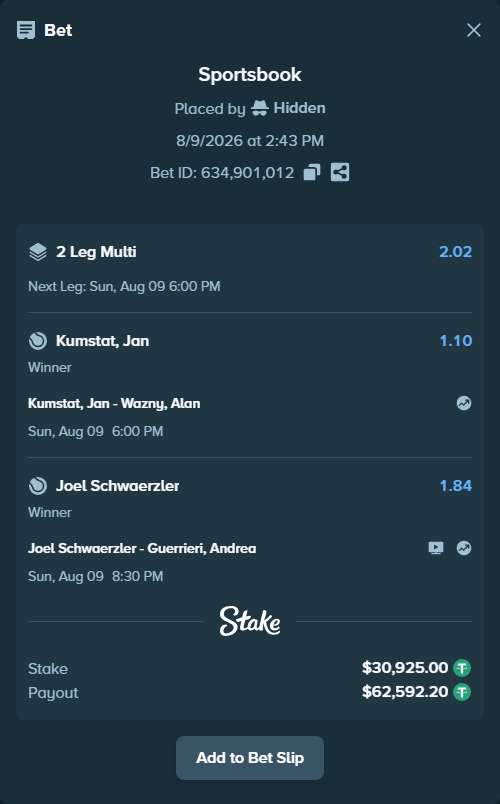 Bet slip: Joel Schwaerzler - Guerrieri, Andrea, $30,955.92 stake at 1.84 odds, placed by Hidden