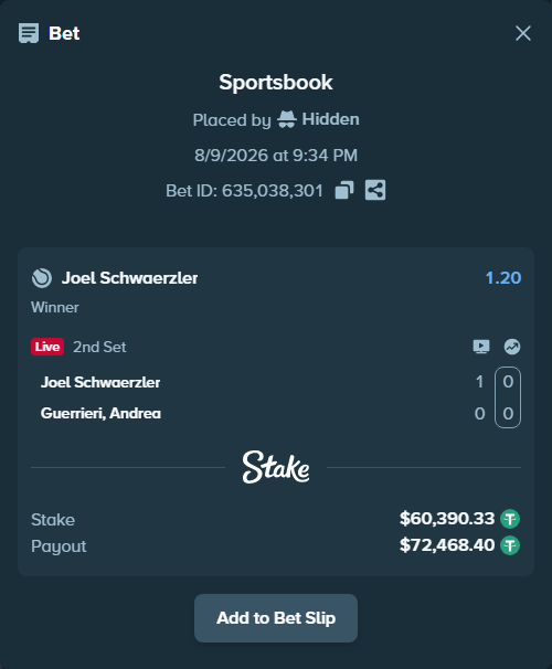 Bet slip: Joel Schwaerzler - Guerrieri, Andrea, $60,450.72 stake at 1.20 odds, placed by Hidden