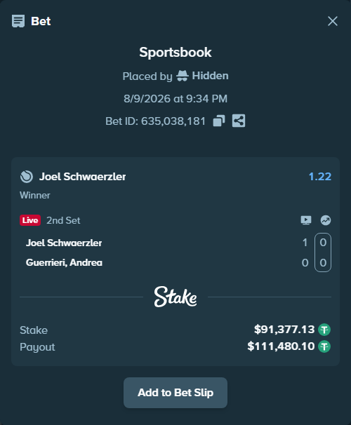 Bet slip: Joel Schwaerzler - Guerrieri, Andrea, $91,468.51 stake at 1.22 odds, placed by Hidden