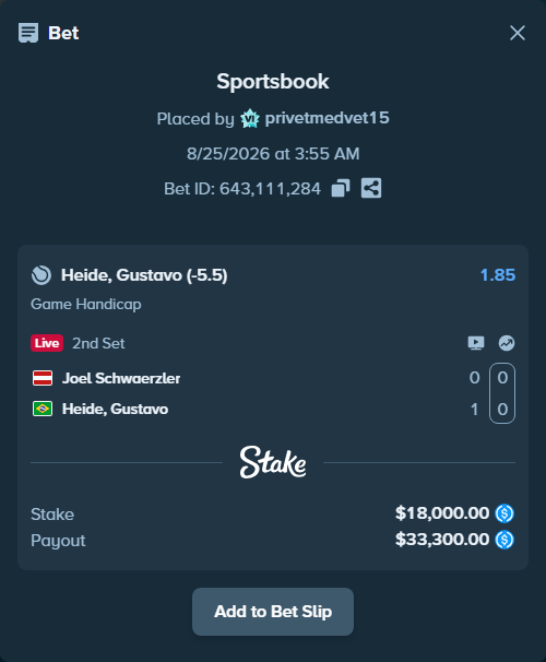 Bet slip: Joel Schwaerzler - Heide, Gustavo, $18,000.00 stake at 1.85 odds, placed by privetmedvet15