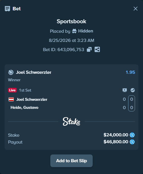 Bet slip: Joel Schwaerzler - Heide, Gustavo, $24,000.00 stake at 1.95 odds, placed by Hidden