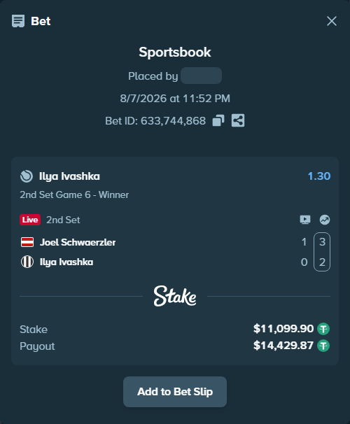 Bet slip: Joel Schwaerzler - Ilya Ivashka, $11,111.00 stake at 1.30 odds, placed by Liron5555