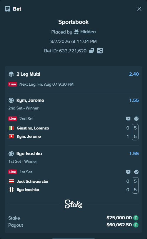 Bet slip: Joel Schwaerzler - Ilya Ivashka, $25,025.00 stake at 1.55 odds, placed by Hidden