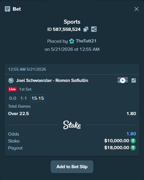 Bet slip: Joel Schwaerzler - Roman Safiullin, $10,010.00 stake at 1.80 odds, placed by TheTutt21