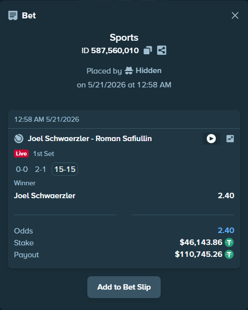 Bet slip: Joel Schwaerzler - Roman Safiullin, $46,190.00 stake at 2.40 odds, placed by Hidden