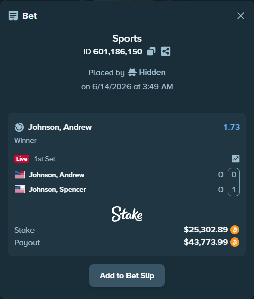 Bet slip: Johnson, Andrew - Johnson, Spencer, $25,441.49 stake at 1.73 odds, placed by Hidden
