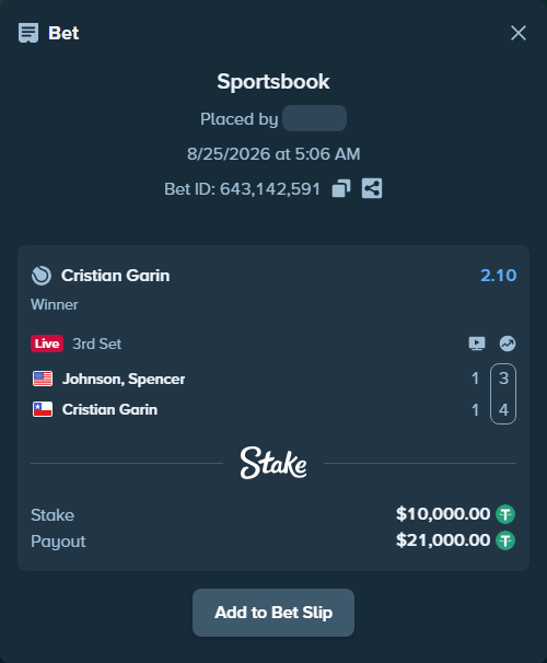 Bet slip: Johnson, Spencer - Cristian Garin, $10,000.00 stake at 2.10 odds, placed by Mishobg86