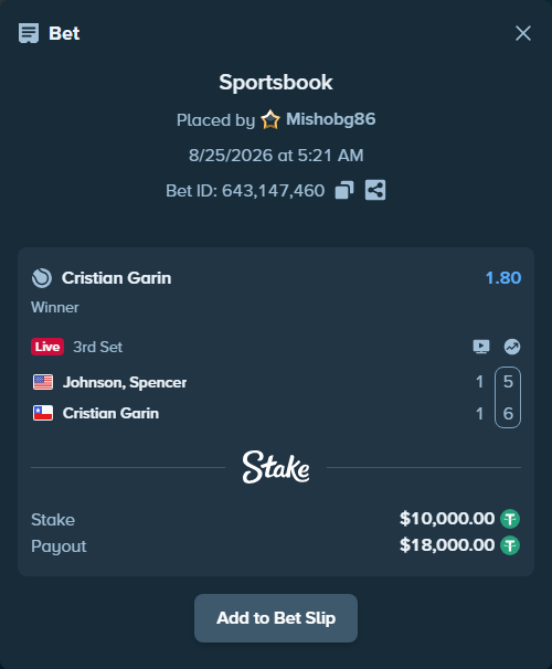 Bet slip: Johnson, Spencer - Cristian Garin, $10,000.00 stake at 1.80 odds, placed by Mishobg86