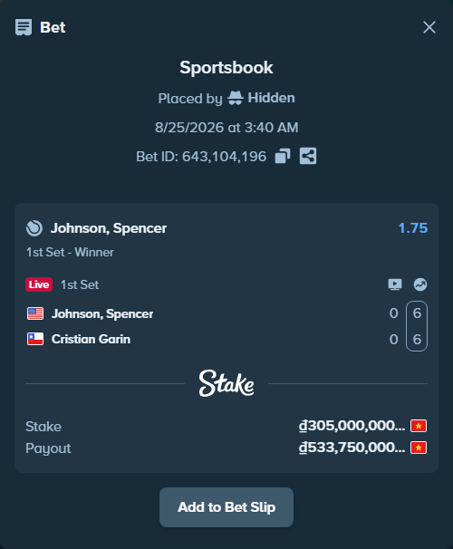 Bet slip: Johnson, Spencer - Cristian Garin, $12,200.00 stake at 1.75 odds, placed by Hidden