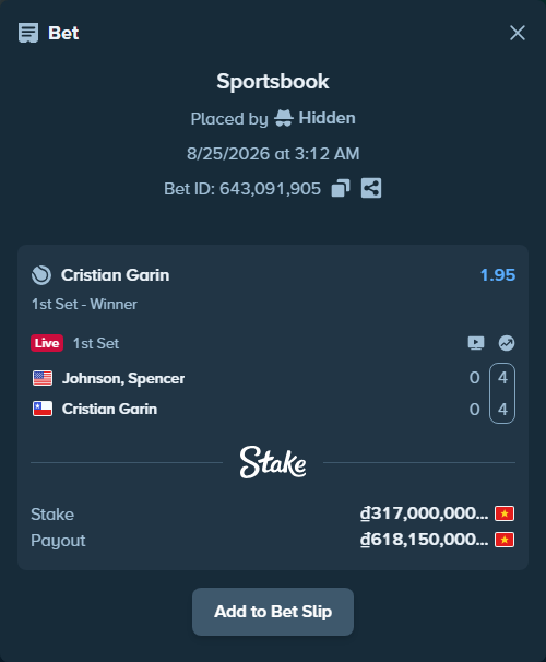 Bet slip: Johnson, Spencer - Cristian Garin, $12,680.00 stake at 1.95 odds, placed by Hidden
