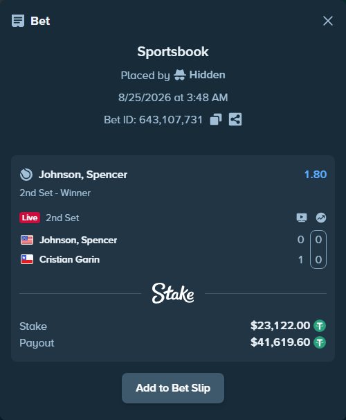 Bet slip: Johnson, Spencer - Cristian Garin, $23,122.00 stake at 1.80 odds, placed by Hidden