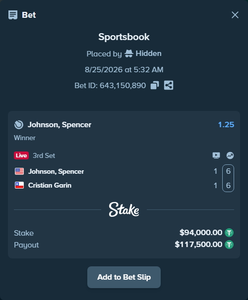 Bet slip: Johnson, Spencer - Cristian Garin, $94,000.00 stake at 1.25 odds, placed by Hidden