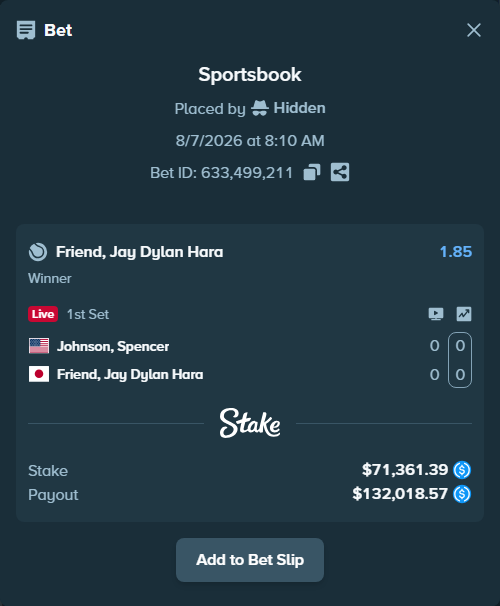 Bet slip: Johnson, Spencer - Friend, Jay, $71,361.39 stake at 1.85 odds, placed by Hidden