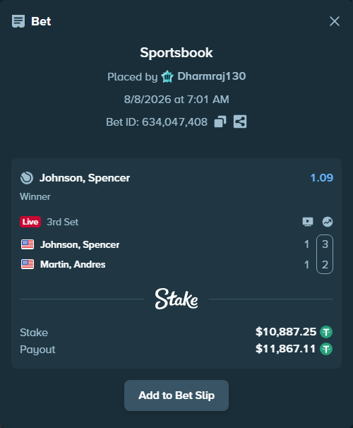 Bet slip: Johnson, Spencer - Martin, Andres, $10,898.14 stake at 1.09 odds, placed by Dharmraj130