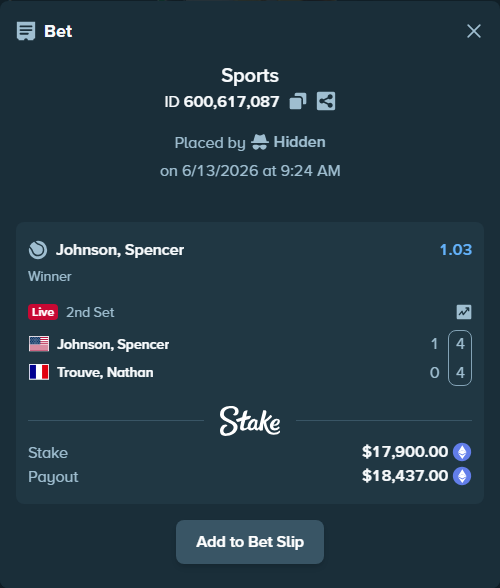 Bet slip: Johnson, Spencer - Trouve, Nathan, $18,685.58 stake at 1.03 odds, placed by Hidden