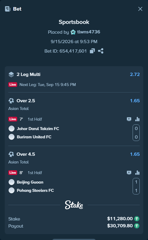 Bet slip: Johor Darul Ta'zim - Buriram United, $11,280.00 stake at 1.65 odds, placed by tlwns4736