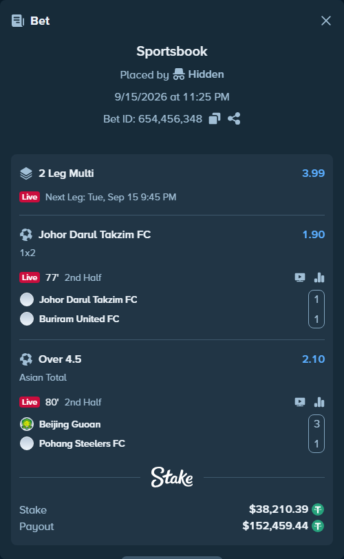 Bet slip: Johor Darul Ta'zim - Buriram United, $38,210.39 stake at 1.90 odds, placed by Hidden