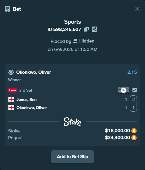 Bet slip: Jones, Ben - Okonkwo, Oliver, $16,128.82 stake at 2.15 odds, placed by Hidden