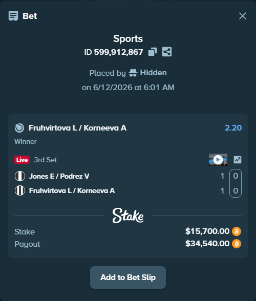Bet slip: Jones E / Podrez V - Fruhvirtova L / Korneeva A, $15,917.30 stake at 2.20 odds, placed by Hidden