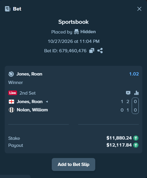 Bet slip: Jones, Roan - Nolan, William, $11,904.00 stake at 1.02 odds, placed by Hidden