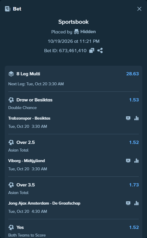 Bet slip: Jong Ajax Amsterdam - De Graafschap, $30,000.00 stake at 1.73 odds, placed by Hidden