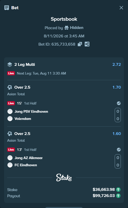 Bet slip: Jong PSV Eindhoven - Volendam, $36,700.64 stake at 1.70 odds, placed by Hidden