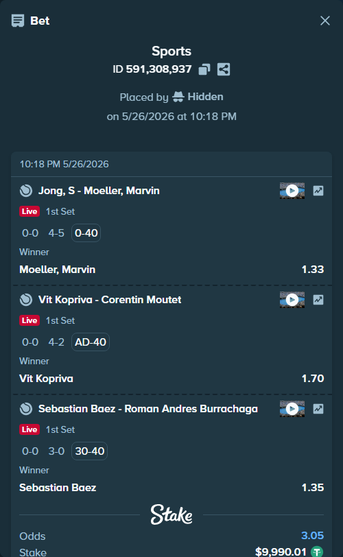 Bet slip: Jong, S - Moeller, Marvin, $10,000.00 stake at 1.33 odds, placed by Hidden