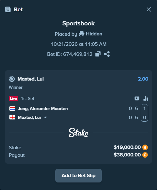 Bet slip: Jong, Sander - Maxted, Lui, $18,925.31 stake at 2.00 odds, placed by Hidden