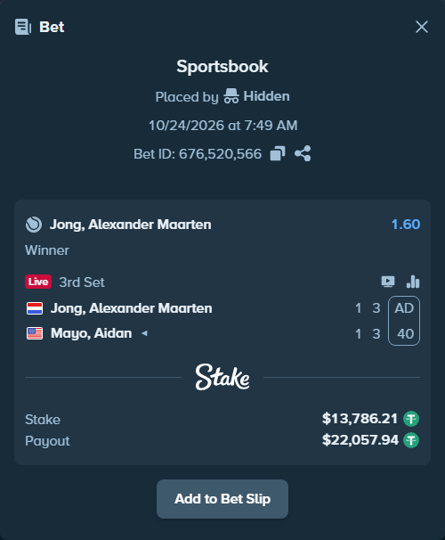 Bet slip: Jong, Sander - Mayo, Aidan, $13,800.00 stake at 1.60 odds, placed by diomancy