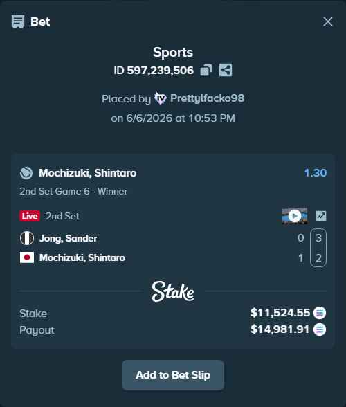 Bet slip: Jong, Sander - Mochizuki, Shintaro, $13,460.13 stake at 1.30 odds, placed by Prettylfacko98