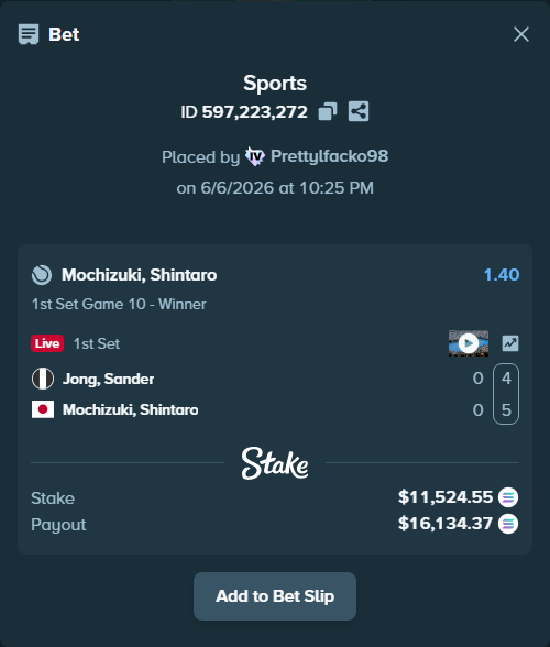 Bet slip: Jong, Sander - Mochizuki, Shintaro, $13,561.65 stake at 1.40 odds, placed by Prettylfacko98