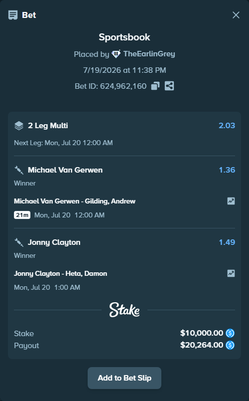 Bet slip: Jonny Clayton - Heta, Damon, $10,000.00 stake at 1.49 odds, placed by TheEarlinGrey