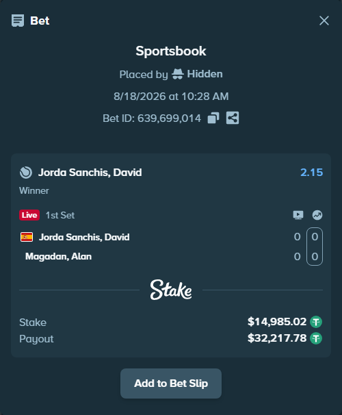 Bet slip: Jorda Sanchis, David - Magadan, Alan, $15,000.00 stake at 2.15 odds, placed by Hidden