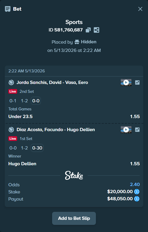 Bet slip: Jorda Sanchis, David - Vasa, Eero, $20,000.00 stake at 1.55 odds, placed by Hidden