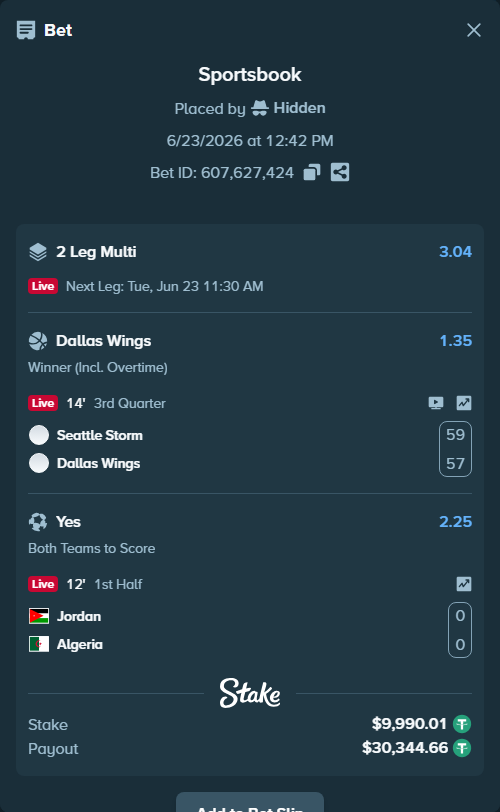 Bet slip: Jordan - Algeria, $10,000.00 stake at 2.25 odds, placed by Hidden