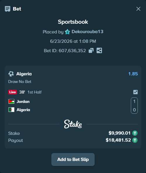 Bet slip: Jordan - Algeria, $10,000.00 stake at 1.85 odds, placed by Dekourouba13