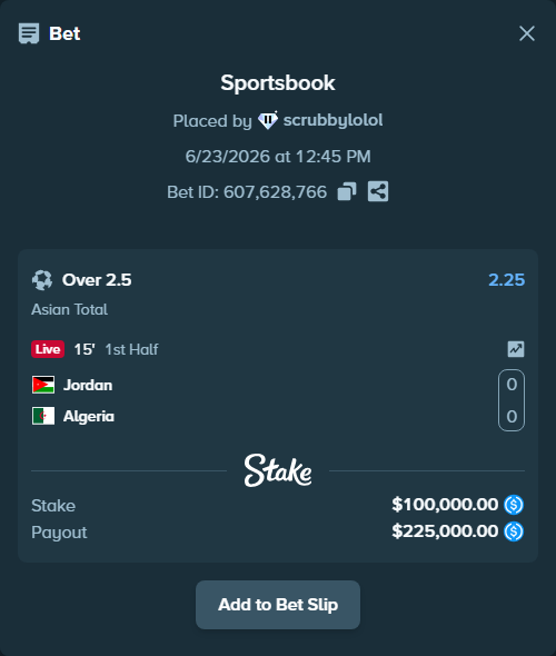 Bet slip: Jordan - Algeria, $100,000.00 stake at 2.25 odds, placed by scrubbylolol