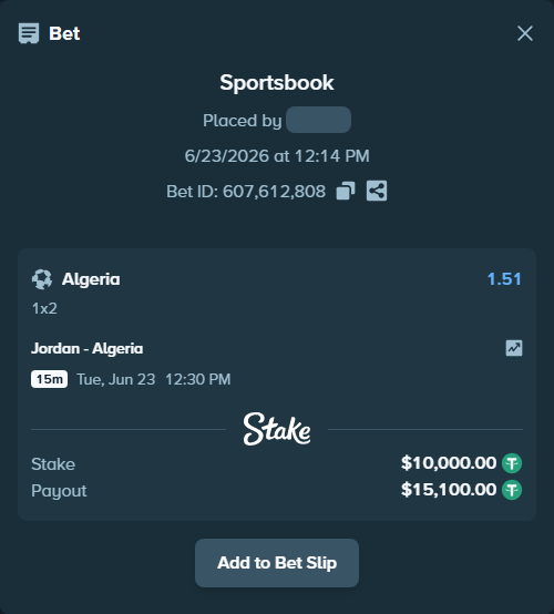 Bet slip: Jordan - Algeria, $10,010.00 stake at 1.51 odds, placed by mathiasjuel