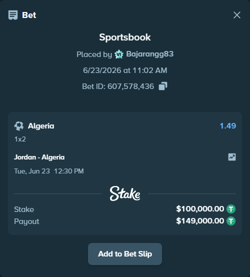 Bet slip: Jordan - Algeria, $100,100.00 stake at 1.49 odds, placed by Bajarangg83