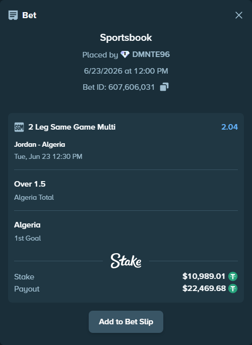 Bet slip: Jordan - Algeria, $11,000.00 stake at 1.71 odds, placed by DMNTE96