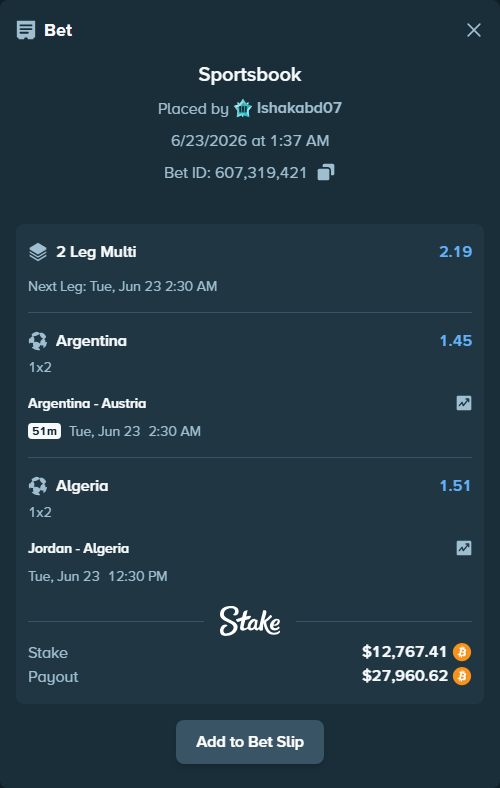 Bet slip: Jordan - Algeria, $12,639.05 stake at 1.51 odds, placed by Ishakabd07