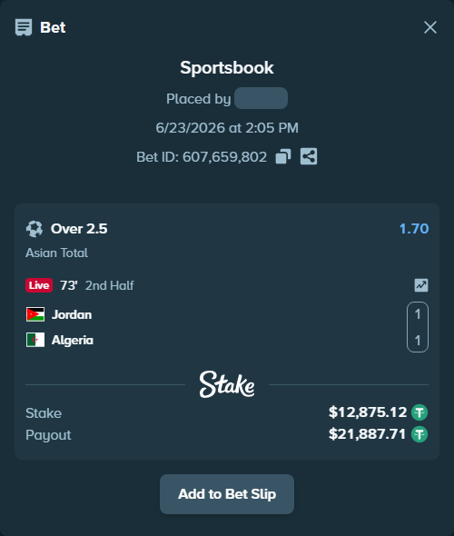 Bet slip: Jordan - Algeria, $12,888.00 stake at 1.70 odds, placed by wills888