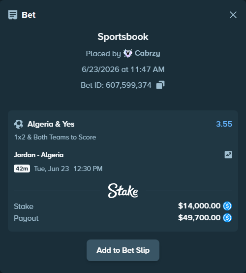 Bet slip: Jordan - Algeria, $14,000.00 stake at 3.55 odds, placed by Cabrzy