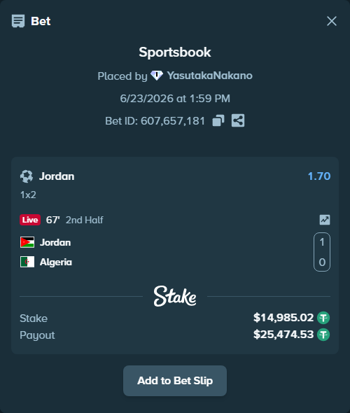 Bet slip: Jordan - Algeria, $15,000.00 stake at 1.70 odds, placed by YasutakaNakano