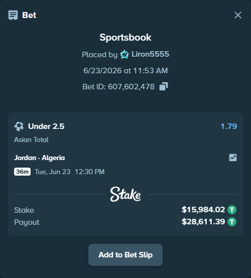 Bet slip: Jordan - Algeria, $16,000.00 stake at 1.79 odds, placed by Liron5555